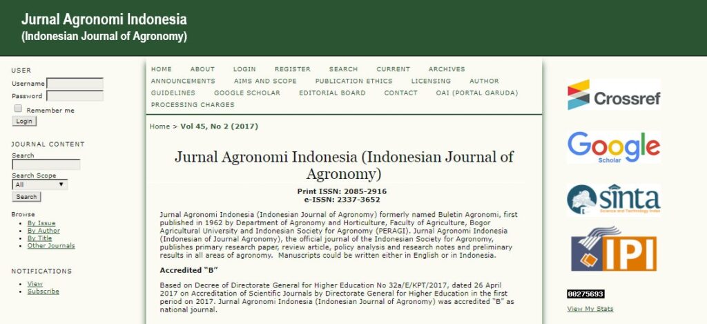 Versi Online Jurnal Agronomi Indonesia (JAI) Edisi Volume 45, No 2 (2017) Telah Tayang