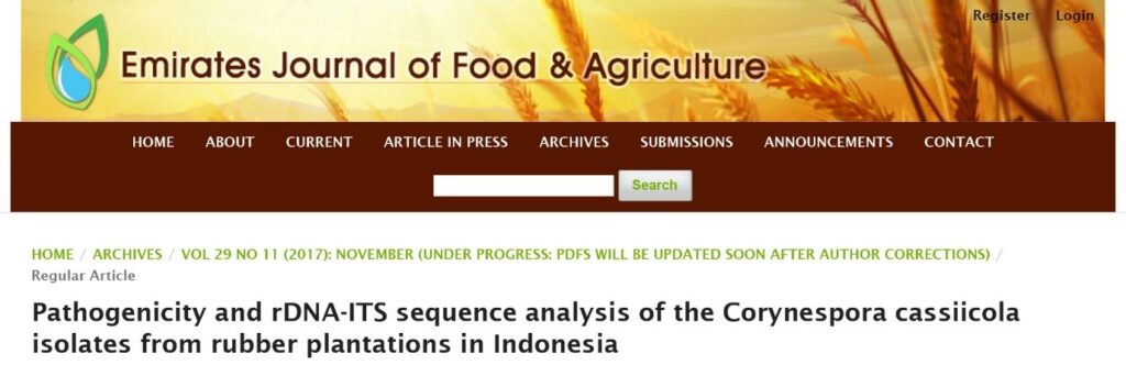 Satu Publikasi Internasional Tim Peneliti Staf Dosen AGH Telah Terbit Online di EMIRATE JOURNAL OF FOOD AND AGRICULTURE (EJFA) Vol. 29, No. 11:872-883, Tahun 2017