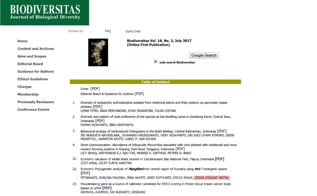 Satu Publikasi Staf Dosen AGH Terbit di BIODIVERSITAS Journal Vol. 18 No. 3, Juli - Tahun 2017