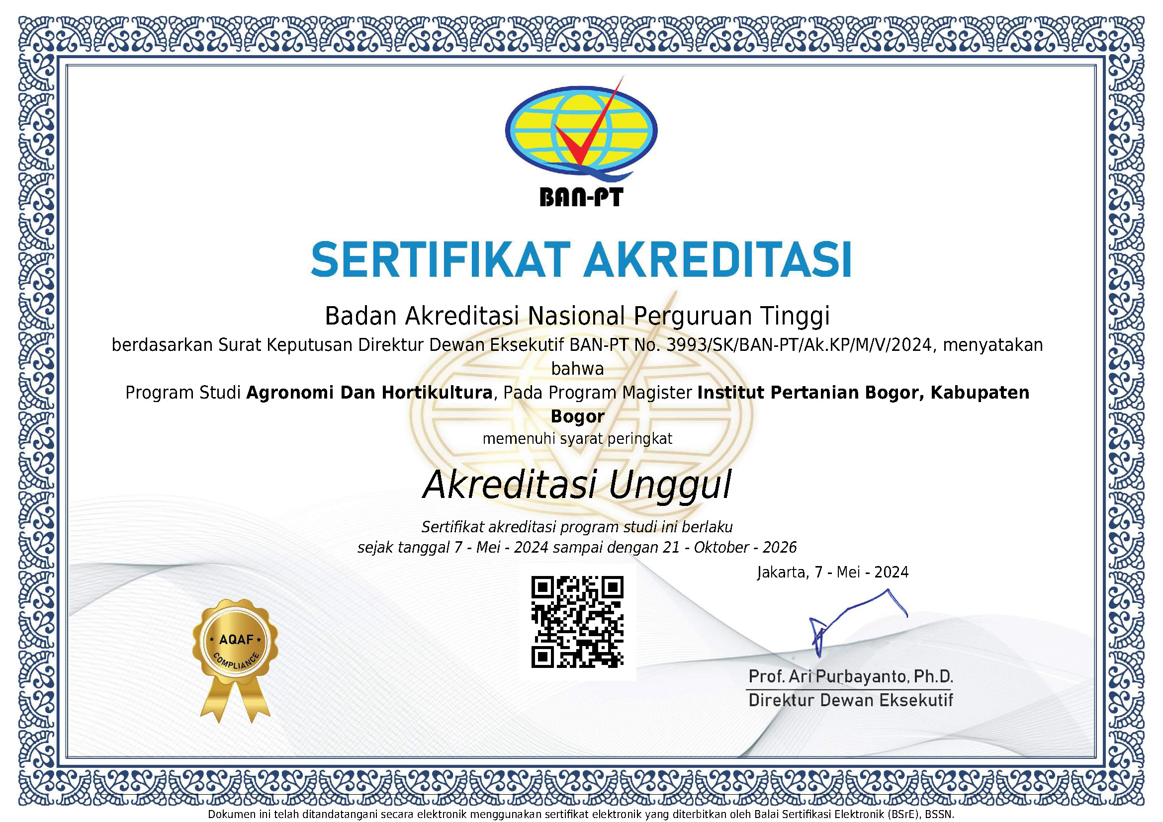 sertifikat Akreditasi Unggul S2 AGH 2024 - 2026